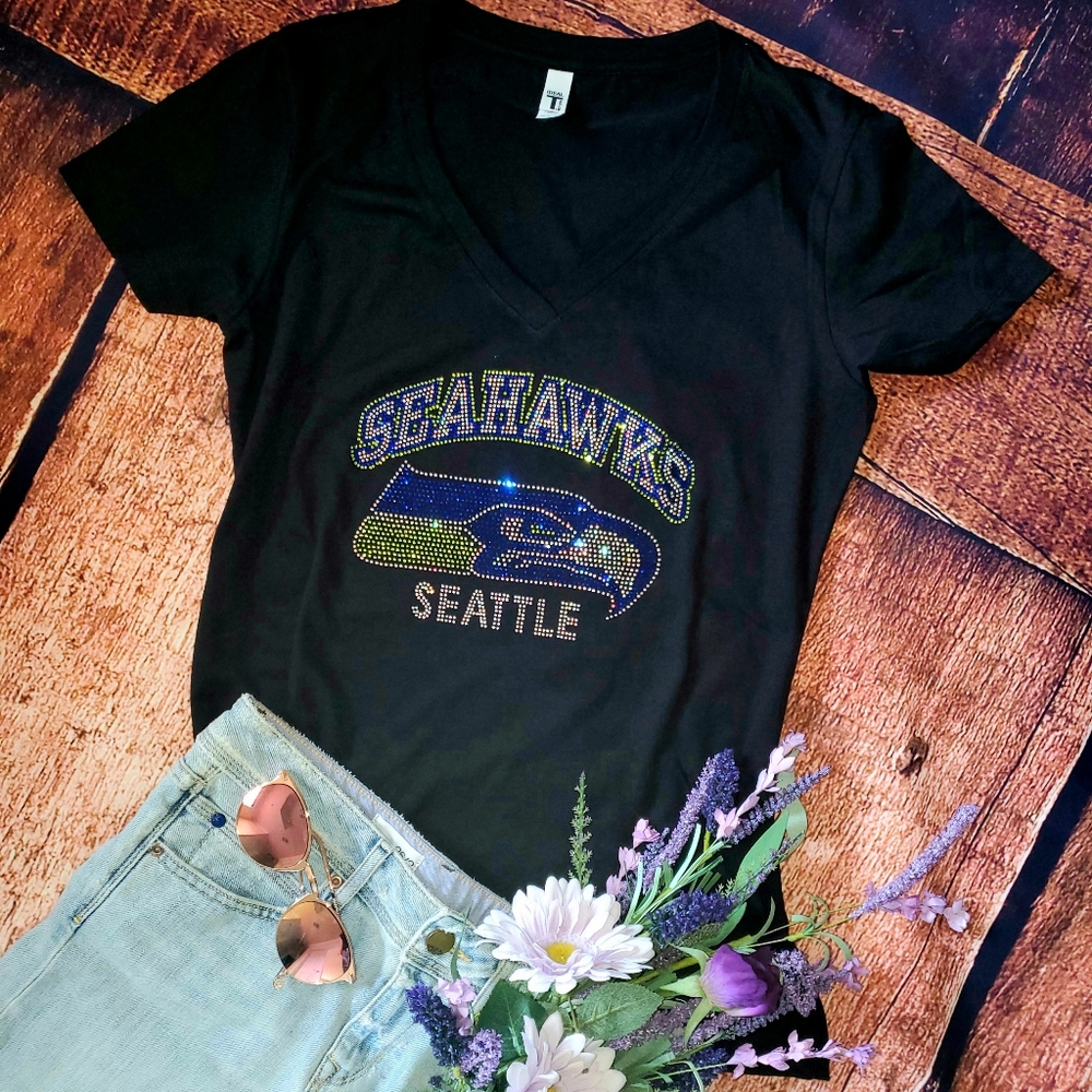 New Women's Seattle Seahawks Rhinestone V-Neck T-shirt